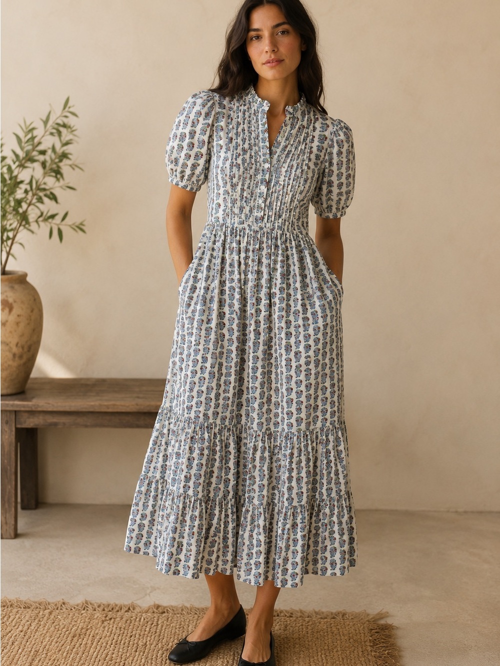 Doen Haleigh Dress in Seasalt Floral Paisley Pintuck Organic Cotton Blend XL
